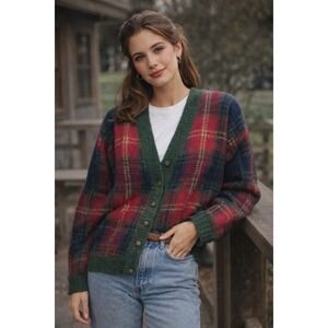 ID Distinctions Cardigan Vintage Plaid Womens Size M‎ Mohair Long Sleeve V Neck
